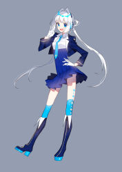 Rule 34 | 1girl, :d, absurdres, ahoge, bad id, bad pixiv id, blue dress, blue eyes, blue footwear, blue jacket, blue necktie, blue theme, blue thighhighs, blush, boots, commentary, dress, facing viewer, full body, gloves, grey background, hand on own hip, hand up, headset, highres, jacket, knee boots, long hair, long sleeves, looking at viewer, necktie, open mouth, original, parted hair, sidelocks, simple background, smile, solo, standing, teeth, thighhighs, upper teeth only, very long hair, white gloves, white hair, yomiya sateko