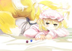 Rule 34 | 1girl, animal hat, blonde hair, dress, fox tail, hat, hat with ears, kitsune, kyuubi, long sleeves, looking at viewer, lying, mob cap, multiple tails, on stomach, one-hour drawing challenge, sinzan, smile, solo, tabard, tail, touhou, white dress, yakumo ran, yellow eyes