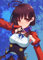 Rule 34 | 07nono06, 1girl, absurdres, ahoge, blue background, blue ribbon, blue sash, blush, breasts, brown hair, choker, closed mouth, commentary, hand up, highres, japanese clothes, kimono, koutetsujou no kabaneri, long sleeves, looking at viewer, medium breasts, mumei (kabaneri), purple ribbon, red eyes, red skirt, ribbon, ribbon choker, sash, short hair, skirt, smile, solo, upper body, white kimono