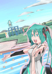 Rule 34 | 1girl, absurdres, aqua eyes, aqua hair, bad id, bad pixiv id, dutch angle, foreshortening, hatsune miku, hatsune miku (append), highres, muck (artist), navel, necktie, outstretched hand, playground, smile, solo, twintails, vocaloid, vocaloid append