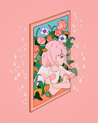 Rule 34 | 1girl, absurdres, arm support, closed mouth, commentary, crossed arms, english commentary, flower, highres, medium hair, meyoco, original, pink background, pink flower, pink hair, pink rose, plant, profile, rose, shirt, short sleeves, solo, upper body, white flower, white shirt, window
