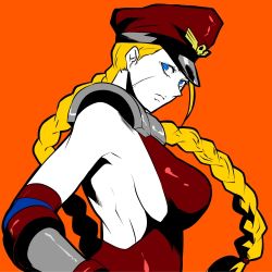 Rule 34 | 1girl, alternate costume, bad id, bad pixiv id, blonde hair, blue eyes, braid, breasts, cammy white, capcom, cosplay, elbow gloves, flat color, gloves, hat, impossible clothes, large breasts, leotard, long hair, looking at viewer, lowres, m. bison, m bison (cosplay), peaked cap, red leotard, sasaki (sid328), scar, shoulder pads, sideboob, simple background, solo, street fighter, street fighter iv (series), twin braids