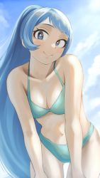 Rule 34 | 1girl, absurdres, bare shoulders, beach, bikini, blue eyes, blue hair, blue sky, boku no hero academia, breasts, cleavage, closed mouth, collarbone, fengling (furin-jp), gluteal fold, hadou nejire, highres, leaning forward, long hair, looking at viewer, medium breasts, ponytail, simple background, sky, smile, solo, sunlight, swimsuit