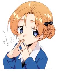 Rule 34 | ..., 1girl, artist name, black bow, black necktie, blue eyes, blue sweater, bow, braid, closed mouth, commentary, cropped torso, dress shirt, girls und panzer, hair bow, highres, kuroi mimei, light smile, long sleeves, looking at viewer, necktie, orange hair, orange pekoe (girls und panzer), portrait, school uniform, shirt, short hair, signature, simple background, solo, spoken ellipsis, st. gloriana&#039;s school uniform, steepled fingers, sweater, translated, twin braids, v-neck, white background, white shirt, wing collar