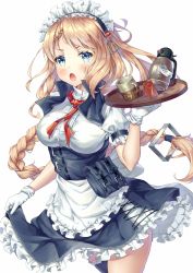 Rule 34 | 1girl, apron, bad id, bad twitter id, bag, bands, blonde hair, blue eyes, blush, braid, braided bangs, braided ponytail, breasts, clothes lift, coffee pot, cup, disposable cup, dress, floating hair, g36 (girls&#039; frontline), girls&#039; frontline, gloves, hair between eyes, hair ornament, hair tie, highres, holding, holding tray, jacket, kerchief, long hair, looking at viewer, maid, maid apron, maid headdress, medium breasts, mug, open mouth, red neckwear, satchel, short sleeves, sidelocks, single braid, single thighhigh, skirt, skirt lift, smile, solo, thighhighs, thighs, tray, underbust, very long hair, white gloves, xi zhujia de rbq