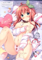 Rule 34 | 1girl, absurdres, ahoge, areola slip, ass, bare shoulders, bed sheet, blush, bottle, breasts, choker, cleavage, closed mouth, collarbone, green eyes, hairband, heart, heart-shaped pillow, highres, jacket, large breasts, leg up, long hair, long sleeves, looking at viewer, lying, nail polish, navel, no bra, no pants, nose blush, on back, open clothes, open jacket, original, pan (mimi), panties, perfume bottle, pillow, pink panties, red hair, scan, sidelocks, single thighhigh, smile, solo, sparkle, striped clothes, striped jacket, thighhighs, underwear, white jacket