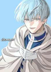 Rule 34 | 1boy, artist name, blue background, blue eyes, blue hair, cloak, commentary, eyelashes, gearous, hair between eyes, highres, himmel (sousou no frieren), hood, hooded cloak, light blue hair, looking to the side, male focus, mole, mole under eye, open mouth, short hair, sidelighting, smile, solo, sousou no frieren, teeth, upper body, upper teeth only, white cloak