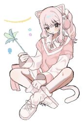 1other :3 akiyama_mizuki animal_ear_headphones animal_ears blush cat_ear_headphones cat_ears cat_tail cat_teaser clenched_hand collared_shirt crossed_ankles fake_animal_ears fake_tail fish_(symbol) flower_symbol full_body fur-trimmed_shorts fur-trimmed_socks fur_trim hair_ornament headphones holding_cat_teaser layered_shirt long_sleeves looking_at_viewer loose_socks nail_polish official_alternate_costume pink_hair pink_nails pink_shirt ponytail project_sekai raised_eyebrow shirt shoes short_hair shorts simple_background sitting socks solo tail u_u_(16557) uneven_eyes white_background white_headphones white_shirt white_shoes white_shorts white_socks white_tail