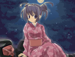 Rule 34 | 1girl, double bun, japanese clothes, kabocha, kabocha (monkey4), kimono, moon, night, solo