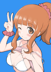 Rule 34 | 1girl, ;), absurdres, alternate hairstyle, bikini, blue background, blunt bangs, blush, breasts, camisole, cleavage, closed mouth, clothes lift, collarbone, girls und panzer, hair ornament, hair scrunchie, hair up, hand up, highres, large breasts, lifted by self, looking at viewer, medium hair, one eye closed, orange eyes, orange hair, pink scrunchie, pink shirt, ponytail, scrunchie, shirt, shirt lift, sidelocks, simple background, smile, solo, strap slip, swimsuit, takebe saori, twitter username, upper body, v, wavy hair, white bikini, wrist scrunchie, yabai gorilla