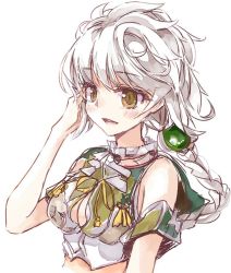 Rule 34 | 10s, 1girl, arm at side, asymmetrical hair, bad id, bad twitter id, bare shoulders, braid, cleavage cutout, clothing cutout, cloud print, crop top, howlnos, kantai collection, ruffling hair, silver hair, simple background, single braid, solo, twitter username, unryuu (kancolle), upper body, yellow eyes