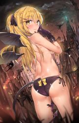 Rule 34 | 1girl, ass, bad id, bad pixiv id, bikini, bikini tan, black bikini, black gloves, blonde hair, blurry, blush, breasts, demon tail, demon wings, depth of field, from behind, gloves, hair ornament, hair ribbon, hairclip, hand to own mouth, highres, lips, long hair, looking at viewer, looking back, one side up, original, outdoors, revision, ribbon, shiny skin, side-tie bikini bottom, solo, swimsuit, tail, tan, tanline, topfreedom, topless, wings, yellow eyes, yuran