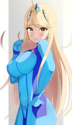 Rule 34 | 1girl, absurdres, alternate costume, blonde hair, blue bodysuit, blush, bodysuit, breasts, commentary request, cosplay, covered navel, earrings, hand on own hip, headpiece, highres, impossible bodysuit, impossible clothes, jewelry, large breasts, long hair, looking at viewer, metroid, metroid: zero mission, mythra (xenoblade), nervous, oruru63100814, parted lips, samus aran, samus aran (cosplay), skin tight, solo, swept bangs, tiara, very long hair, xenoblade chronicles (series), xenoblade chronicles 2, yellow eyes, zero suit