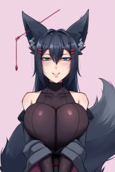 Rule 34 | 1girl, animal ear fluff, animal ears, bare shoulders, black hair, blue eyes, borrowed character, breasts, breasts squeezed together, commentary, covered collarbone, ear piercing, english commentary, fox ears, fox girl, hair between eyes, hair ornament, hairclip, half-closed eyes, kiri (sub-res), large breasts, long hair, looking at viewer, original, piercing, pink background, simple background, smile, solo, turtleneck, twrlare, upper body