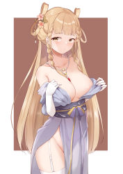 Rule 34 | 1girl, :o, absurdres, anchundddd, bare shoulders, blunt bangs, blush, braid, breasts, brown hair, cleavage, collarbone, cowboy shot, dress, elbow gloves, flower, garter straps, gem, gloves, groin, hair flower, hair ornament, hair rings, highres, jewelry, large breasts, long hair, looking at viewer, necklace, no panties, obi, open mouth, original, sash, side slit, sidelocks, solo, standing, strapless, strapless dress, thighhighs, twin braids, white dress, white gloves, white thighhighs, yellow eyes