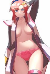 Rule 34 | 1girl, arm behind head, arm up, blue eyes, closed mouth, gluteal fold, gundam, gundam seed, hair ornament, highres, lacus clyne, looking at viewer, navel, niaru (r2pi), no bra, open mouth, panties, pink panties, red hair, simple background, smile, solo, standing, thighs, underwear, white background
