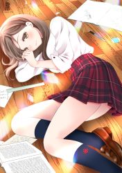 Rule 34 | 1girl, 2018, black hair, book, brown eyes, brown footwear, brown hair, closed mouth, commentary request, eraser, kneehighs, loafers, long hair, long sleeves, looking at viewer, lying, on side, open book, original, pencil, plaid, plaid skirt, pleated skirt, red skirt, ruler, school uniform, sheepd, shirt, shoes, signature, skirt, socks, solo, twitter username, white shirt, wooden floor