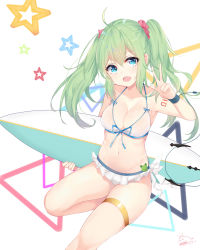 Rule 34 | 1girl, absurdres, ahoge, blue eyes, blush, breasts, cleavage, collarbone, dated, green hair, hatsune miku, highres, holding, holding surfboard, large breasts, looking at viewer, navel, open mouth, peng yong, signature, smile, solo, surfboard, swimsuit, v, vocaloid