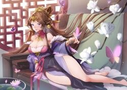 Rule 34 | 1girl, bangle, bare shoulders, barefoot, blurry, blurry foreground, blush, bracelet, branch, breasts, brown hair, bug, butterfly, butterfly on hand, cleavage, closed mouth, commentary request, depth of field, detached collar, detached sleeves, diao chan (orient arcadia), dress, eyelashes, feet, flower, frilled sleeves, frills, hair bun, hair ornament, hand up, highres, indoors, insect, jewelry, large breasts, lattice, light particles, light rays, lily pad, long hair, long sleeves, looking at viewer, lotus, lying, multicolored clothes, multicolored dress, orient arcadia, parted bangs, pelvic curtain, pink flower, pink ribbon, purple butterfly, purple dress, purple eyes, purple sleeves, ribbon, ring, round window, sidelocks, single hair bun, smile, solo, strapless, strapless dress, sunano reona, very long hair, water, white flower, wide sleeves, window