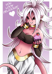 Rule 34 | 1girl, absurdres, android 21, black gloves, black sclera, blush, bracelet, breasts, bridal gauntlets, cleavage, collar, colored sclera, colored skin, cupcake, dragon ball, dragon ball fighterz, earrings, elbow gloves, fang, food, fruit, gloves, hand on own cheek, hand on own face, harem pants, heart, highres, hoop earrings, jewelry, light blush, long hair, looking at viewer, majin android 21, metal collar, midriff, nail polish, navel, pants, papermoon92, pink skin, pointy ears, red eyes, solo, spiked hair, strawberry, tail, white hair