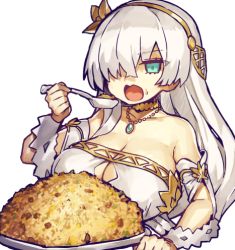 Rule 34 | 1girl, alternate breast size, anastasia (fate), blue eyes, breasts, cleavage, eating, fate/grand order, fate (series), food, fried rice, hair over one eye, hairband, jewelry, large breasts, long hair, lowres, melon22, pendant, silver hair, solo, spoon, white background