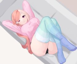 Rule 34 | 1girl, absurdres, couch, eushufeal, highres, horns, non-web source, original, panties, self-upload, sweater, thighhighs, underwear