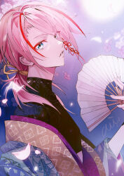 Rule 34 | 1boy, aqua eyes, black shirt, blue background, ccci, cherry blossoms, crop top, eyeliner, facing to the side, flower, hair ribbon, highres, japanese clothes, kimono, looking at viewer, low ponytail, male focus, multicolored background, multicolored hair, original, parted lips, petals, pink flower, pink hair, purple background, red eyeliner, red hair, red ribbon, ribbon, shirt, solo, teeth, turtleneck, yellow ribbon