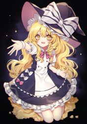 Rule 34 | 1girl, adapted costume, arm up, black background, black bow, black dress, black hat, blonde hair, blush, bow, braid, buttons, collared dress, commentary request, dress, dress bow, fingernails, frills, hair between eyes, hair bow, hands up, hat, hat bow, highres, kirisame marisa, kyouda suzuka, long fingernails, long hair, looking at viewer, nail polish, open mouth, pink bow, pink nails, puffy short sleeves, puffy sleeves, purple background, seiza, short sleeves, single braid, sitting, smile, solo, star (symbol), striped, striped bow, touhou, twitter username, white bow, white dress, witch hat, wrist cuffs, yellow eyes