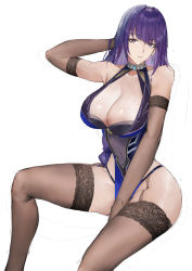 Rule 34 | 1girl, absurdres, bare shoulders, blue dress, braid, breasts, brown thighhighs, cleavage, cleavage cutout, clothing cutout, collarbone, cosplay, dress, earrings, elbow gloves, genshin impact, gloves, highres, jewelry, large breasts, long hair, looking at viewer, low-braided long hair, low-tied long hair, mole, mole under eye, neck ring, parted lips, pelvic curtain, purple eyes, purple hair, raiden shogun, ritalem, short dress, solo, thighhighs, thighs, very long hair, yelan (genshin impact), yelan (genshin impact) (cosplay)