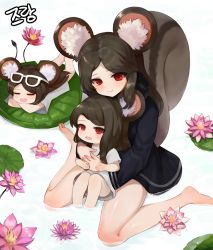 Rule 34 | 3girls, absurdres, animal ear fluff, animal ears, bad id, bad pixiv id, barefoot, black dress, black hair, blush, chibi, closed eyes, closed mouth, commentary request, commission, crossed arms, dokomon, dress, eyewear on head, flower, highres, hug, hug from behind, korean commentary, lily pad, long hair, looking at viewer, lotus, lying, mini person, minigirl, multiple girls, on stomach, open mouth, original, parted bangs, pink flower, red eyes, shirt, short sleeves, sitting, squirrel ears, squirrel girl, squirrel tail, tail, tail raised, very long hair, wariza, white-framed eyewear, white dress, white shirt