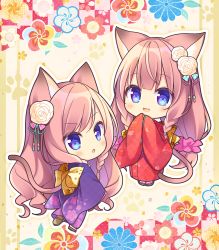 Rule 34 | 2girls, :d, :o, animal ears, black footwear, blue eyes, blush, brown footwear, brown hair, cat ears, cat girl, cat tail, chibi, commentary request, floral print, flower, hair flower, hair ornament, japanese clothes, kimono, long hair, long sleeves, multiple girls, open mouth, original, outline, parted lips, print kimono, purple kimono, red kimono, rose, ryuuka sane, sandals, shoe soles, sleeves past fingers, sleeves past wrists, smile, socks, standing, tabi, tail, very long hair, white flower, white legwear, white outline, white rose, wide sleeves, zouri