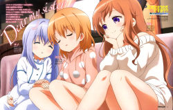 Rule 34 | 3girls, absurdres, blush, character name, head rest, curtains, dress, english text, engrish text, closed eyes, gochuumon wa usagi desu ka?, holding hands, hands on own cheeks, hands on own face, highres, hood, hoodie, hoto cocoa, hoto mocha, indoors, kafuu chino, leaning on person, light purple hair, long hair, multiple girls, off-shoulder, off-shoulder sweater, off shoulder, official art, orange hair, purple eyes, ranguage, siblings, sisters, sitting, smile, sweater, sweater dress, usami kouichi, window