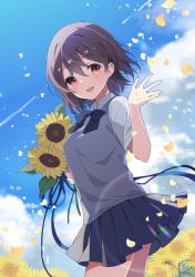 Rule 34 | 1girl, :d, black bow, black bowtie, blue sky, blush, bow, bowtie, brown hair, cloud, commentary request, day, flower, grey skirt, grey sweater vest, highres, holding, holding flower, looking at viewer, mochigome (ununquadium), open mouth, original, outdoors, red eyes, shirt, short hair, skirt, sky, smile, solo, sunflower, sweater vest, white shirt