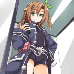 Rule 34 | 1girl, bow, brown hair, cellphone, green eyes, hair between eyes, hair bow, hair ornament, himajin (starmine), holding, holding phone, if (neptunia), jacket, long hair, looking at viewer, neptune (series), phone, short shorts, shorts, solo
