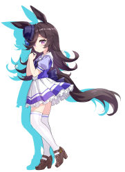 Rule 34 | 1girl, absurdres, animal ears, bad id, bad pixiv id, black hair, bow, brown footwear, colored shadow, commentary request, drop shadow, frilled skirt, frills, from side, full body, hair over one eye, hands up, high heels, highres, horse ears, horse girl, horse tail, long hair, pleated skirt, puffy short sleeves, puffy sleeves, purple bow, purple eyes, purple shirt, rice shower (umamusume), school uniform, shadow, shao (shaorouhong), shirt, shoes, short sleeves, skirt, solo, standing, standing on one leg, tail, thighhighs, tracen school uniform, umamusume, very long hair, white background, white skirt, white thighhighs