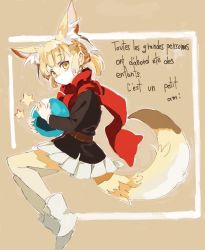 Rule 34 | 10s, 1girl, alternate costume, alternate hairstyle, animal ears, ball, belt, blonde hair, check translation, commentary request, fennec (kemono friends), fox ears, fox tail, french text, jacket, kemono friends, konabetate, long sleeves, multicolored hair, pantyhose, pleated skirt, scarf, short hair, short twintails, skirt, solo, star (symbol), tail, translated, translation request, twintails, yellow eyes