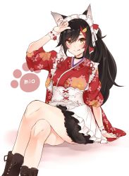 Rule 34 | 1girl, :p, alternate hairstyle, animal ears, apron, black hair, blush, boots, brown eyes, brown footwear, character name, choker, closed mouth, commentary request, cross-laced footwear, crossed legs, floral print, frilled apron, frills, highres, hololive, japanese clothes, kimono, kimono skirt, long hair, looking at viewer, multicolored hair, ookami mio, ookami mio (new year), paw print, ponytail, red hair, sitting, smile, solo, streaked hair, tail, tail wrap, techi (siro-white 0803), tongue, tongue out, two-tone hair, virtual youtuber, white apron, white background, wolf ears, wrist cuffs