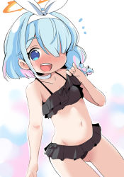 Rule 34 | 1girl, arona (blue archive), bikini, bikini top lift, black bikini, blue archive, blue eyes, blue hair, blush, bow, braid, breasts, clothes lift, frilled bikini, frills, gluteal fold, hair bow, hair over one eye, halo, highres, lemon pan, lifting own clothes, navel, open mouth, ribbon, short hair, small breasts, smile, solo, swimsuit, thighs