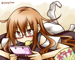 Rule 34 | 10s, 1girl, alternate costume, bean bag chair, brown eyes, brown hair, casual, chips (food), eating, food, glasses, handheld game console, holding, kantai collection, long hair, lying, mochizuki (kancolle), muji body fitting sofa, nintendo 3ds, on stomach, playing games, potato chips, sanari (quarter iceshop), solo