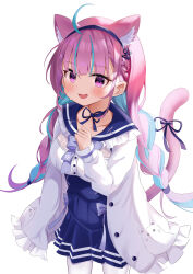 Rule 34 | 1girl, absurdres, ahoge, anchor hair ornament, anchor symbol, animal ear fluff, animal ears, animal print, aqua hair, blue bow, blue bowtie, blue hairband, blue ribbon, blue sailor collar, blue skirt, blush, bow, bowtie, braid, breasts, buttons, cat ears, cat girl, cat print, cat tail, chino0803, collarbone, colored inner hair, commentary request, frilled hoodie, frilled sailor collar, frills, hair ornament, hair tie, hairband, high-waist skirt, highres, hololive, hood, hoodie, large breasts, long hair, long sleeves, looking at viewer, minato aqua, minato aqua (sailor), multicolored hair, neck ribbon, nervous, open clothes, open hoodie, open mouth, pantyhose, pink eyes, pink hair, pleated skirt, ribbon, sailor collar, shirt, simple background, skirt, sleeves past wrists, smile, solo, standing, striped clothes, striped skirt, sweatdrop, tail, tail ornament, tail ribbon, twin braids, twintails, two-tone hair, virtual youtuber, white background, white hoodie, white pantyhose, white shirt