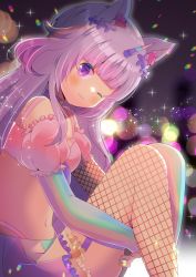 Rule 34 | 1girl, ;), animal ear fluff, animal ears, asymmetrical legwear, bare shoulders, blurry, blurry background, blush, choker, commentary request, commission, crop top, depth of field, detached sleeves, feet out of frame, fishnet thighhighs, fishnets, flower, frilled skirt, frills, hair flower, hair ornament, horns, horse ears, hugging own legs, indie virtual youtuber, knees up, kou hiyoyo, layered skirt, long hair, looking at viewer, looking to the side, lumina kira, midriff, navel, one eye closed, pantyhose, pink sleeves, puffy short sleeves, puffy sleeves, purple choker, purple eyes, purple flower, purple hair, purple skirt, short sleeves, single horn, single leg pantyhose, single thighhigh, sitting, skeb commission, skirt, smile, solo, star (symbol), striped clothes, striped pantyhose, striped thighhighs, thighhighs, unicorn girl, vertical-striped clothes, vertical-striped pantyhose, vertical-striped thighhighs, very long hair, virtual youtuber