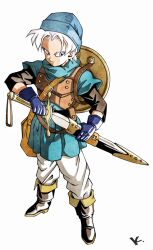Rule 34 | 1boy, bag, black undershirt, blue gloves, blue hat, blue tunic, boots, brown bag, closed mouth, commentary, dragon quest, dragon quest vi, full body, gloves, hat, highres, holding, holding sheath, holding sword, holding weapon, kakeru (dbskakeru), male focus, pants, parted bangs, pink eyes, sheath, shield, shield on back, short sleeves, shoulder bag, signature, simple background, solo, standing, sword, terry (dq6), unsheathing, weapon, white hair, white pants