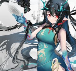 Rule 34 | 1girl, ao oni (onioni-aoi), arknights, bare shoulders, black hair, blue dress, blue skin, breasts, closed mouth, colored skin, cowboy shot, dragon, dragon horns, dress, dusk (arknights), dusk (everything is a miracle) (arknights), earrings, expressionless, gradient skin, green hair, hair rings, horns, jewelry, long hair, looking at viewer, multicolored hair, red eyes, solo, streaked hair, sword, tassel, tassel earrings, two-tone hair, very long hair, weapon