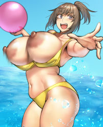 Rule 34 | 1girl, bikini, blush, bouncing breasts, breasts, breasts out, brown hair, cleavage, highres, huge breasts, large areolae, looking at viewer, nipples, open mouth, pepe (jonasan), purple eyes, side ponytail, smile, solo, standing, swimsuit, tagme