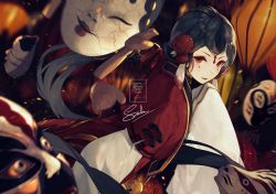 Rule 34 | 1girl, 2019, bad id, bad pixiv id, bell, black hair, blurry, chinese new year, depth of field, eyeliner, facepaint, forehead jewel, from side, hair ornament, hair ribbon, happy new year, jingle bell, lantern, layered sleeves, light smile, lipstick, long hair, long sleeves, looking at viewer, low ponytail, makeup, mask, unworn mask, menreiki, motion blur, new year, noh mask, onmyoji, pom pom (clothes), ponytail, red eyes, red lips, red ribbon, ribbon, saika ryougi, short over long sleeves, short sleeves, sleeves past fingers, sleeves past wrists, smile, solo, tassel, upper body, very long hair