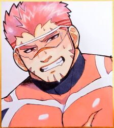 Rule 34 | 1boy, akashi (live a hero), bad id, bad twitter id, bara, blush, bodysuit, clenched teeth, drooling, facial hair, goatee, large pectorals, live a hero, long sideburns, looking at viewer, male focus, mouth drool, muscular, muscular male, oskn tengoku, pectorals, photo (medium), red eyes, red hair, scar, scar on face, scar on nose, shikishi, short hair, sideburns, solo, sweat, teeth, thick eyebrows, torn bodysuit, torn clothes, traditional media