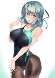 Rule 34 | 1girl, black pantyhose, black one-piece swimsuit, breasts, commentary request, competition swimsuit, covered erect nipples, cowboy shot, grey eyes, hair ribbon, half updo, hassen (8cm), hayashida misaki, looking at viewer, medium breasts, one-piece swimsuit, oretachi ni tsubasa wa nai, pantyhose, pantyhose under swimsuit, ribbon, silver hair, simple background, solo, swimsuit, thigh gap, tights day, white background