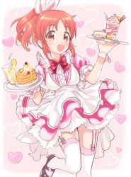 Rule 34 | 1girl, abe nana, amezawa koma, animal ears, apron, blush, bow, bowtie, brown eyes, cake, commentary, cup, dress, drinking glass, fake animal ears, food, frilled sleeves, frills, garter straps, heart, highres, holding, holding tray, idolmaster, idolmaster cinderella girls, layered dress, maid, maid apron, mary janes, open mouth, orange hair, pancake, parfait, plate, ponytail, puffy short sleeves, puffy sleeves, rabbit ears, red bow, red bowtie, shoes, short sleeves, smile, solo, sweatdrop, syrup, thighhighs, tray, white thighhighs, wrist cuffs