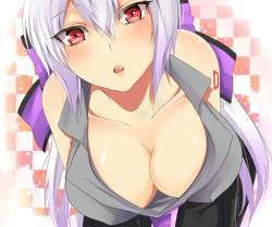 Rule 34 | 1girl, bare shoulders, bent over, breasts, cleavage, downblouse, large breasts, leaning forward, long hair, no bra, nuko (mikupantu), red theme, silver hair, solo, vocaloid, yowane haku