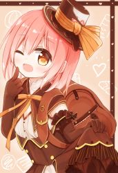 Rule 34 | 1girl, ;d, backpack, bag, bow, brown eyes, brown gloves, brown hat, brown skirt, elbow gloves, fang, gloves, hair between eyes, hat, hat bow, heart, index finger raised, mini hat, one eye closed, open mouth, orange bow, original, pink hair, shirt, skirt, smile, solo, striped, striped bow, tilted headwear, white shirt, yuuhagi (amaretto-no-natsu)